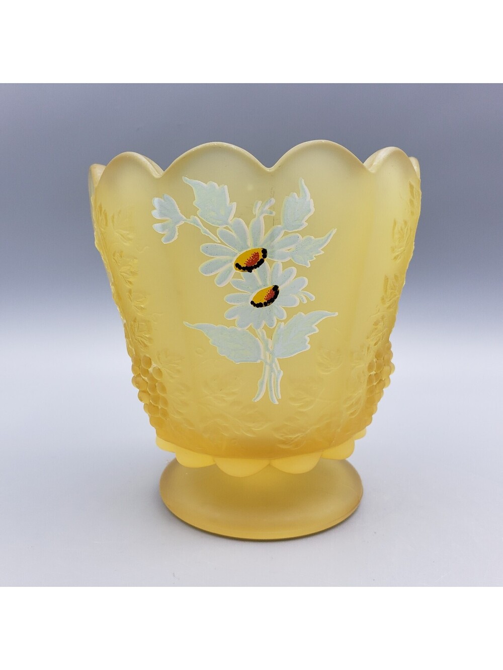 Vintage Westmoreland Yellow Satin Glass Compote Spooner Daisy Paneled Grape